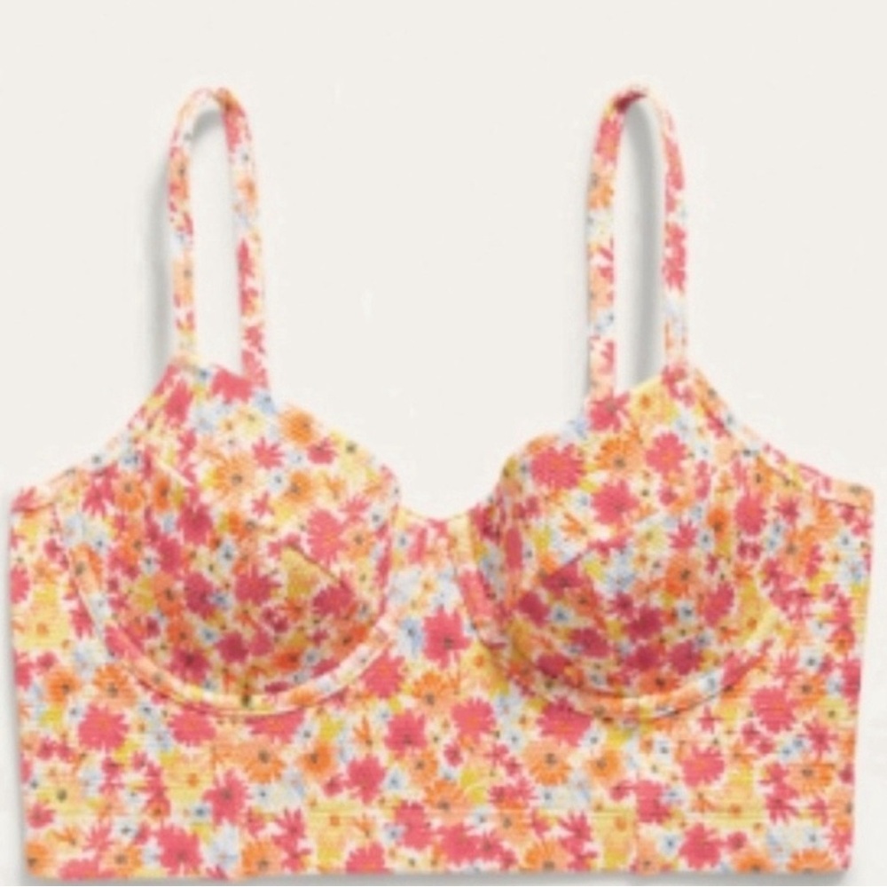 Old Navy Pique Underwire Longline Bikini Swim Top in Pink Floral Print